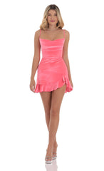 Velvet Ruffled Slit Dress in Coral