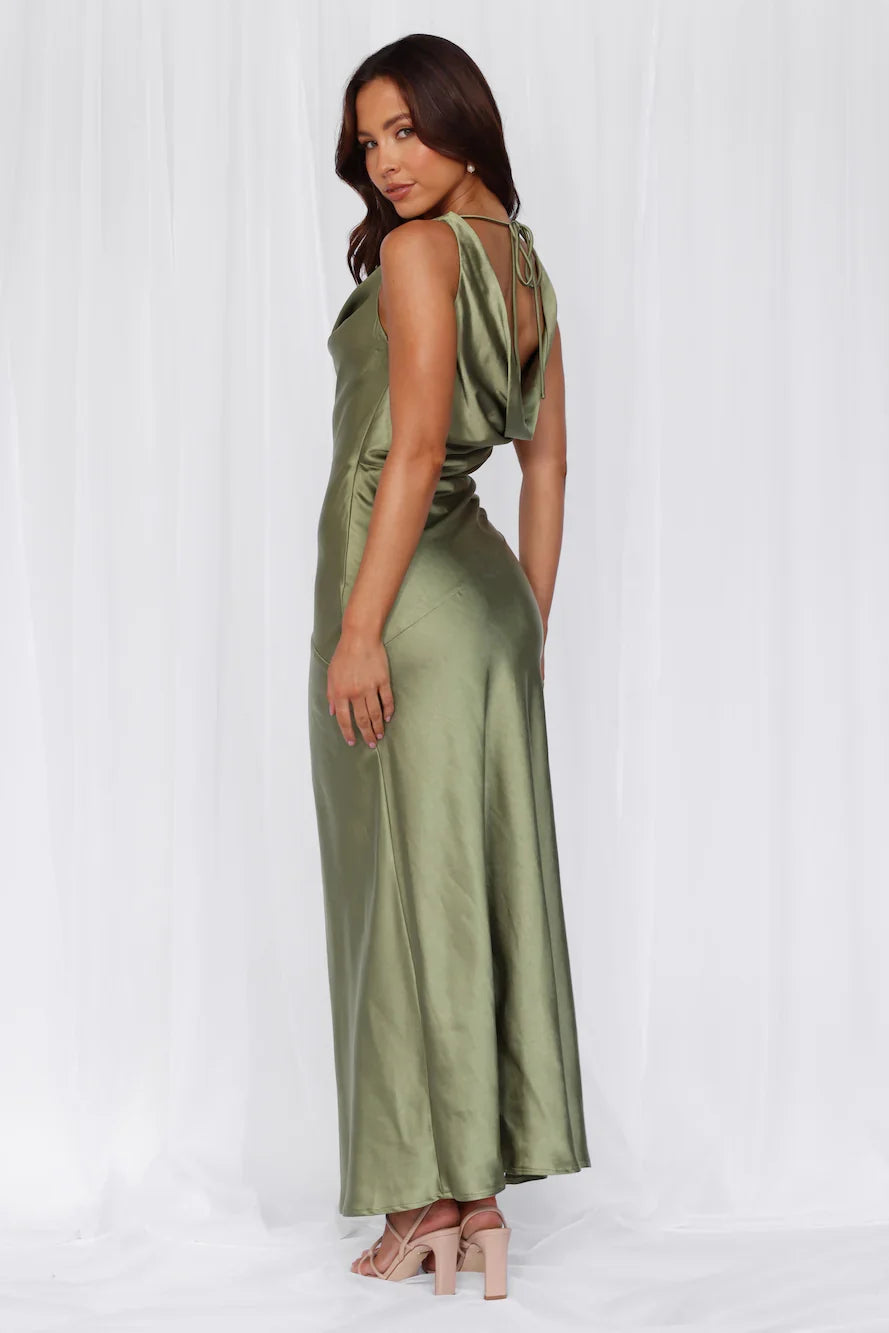 The Loretta Cowl Satin Maxi Dress Olive