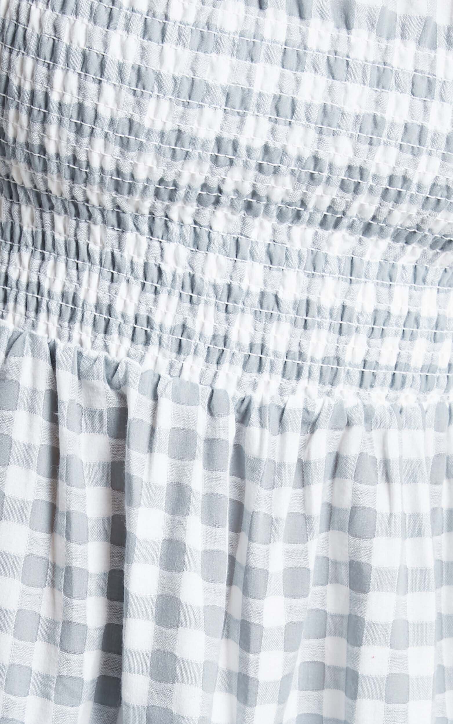 Wilda Mini Dress - Shirred Tiered Dress in Light Blue Gingham