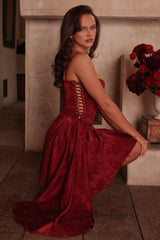 Wine Jacquard Satin Draped Mini Dress