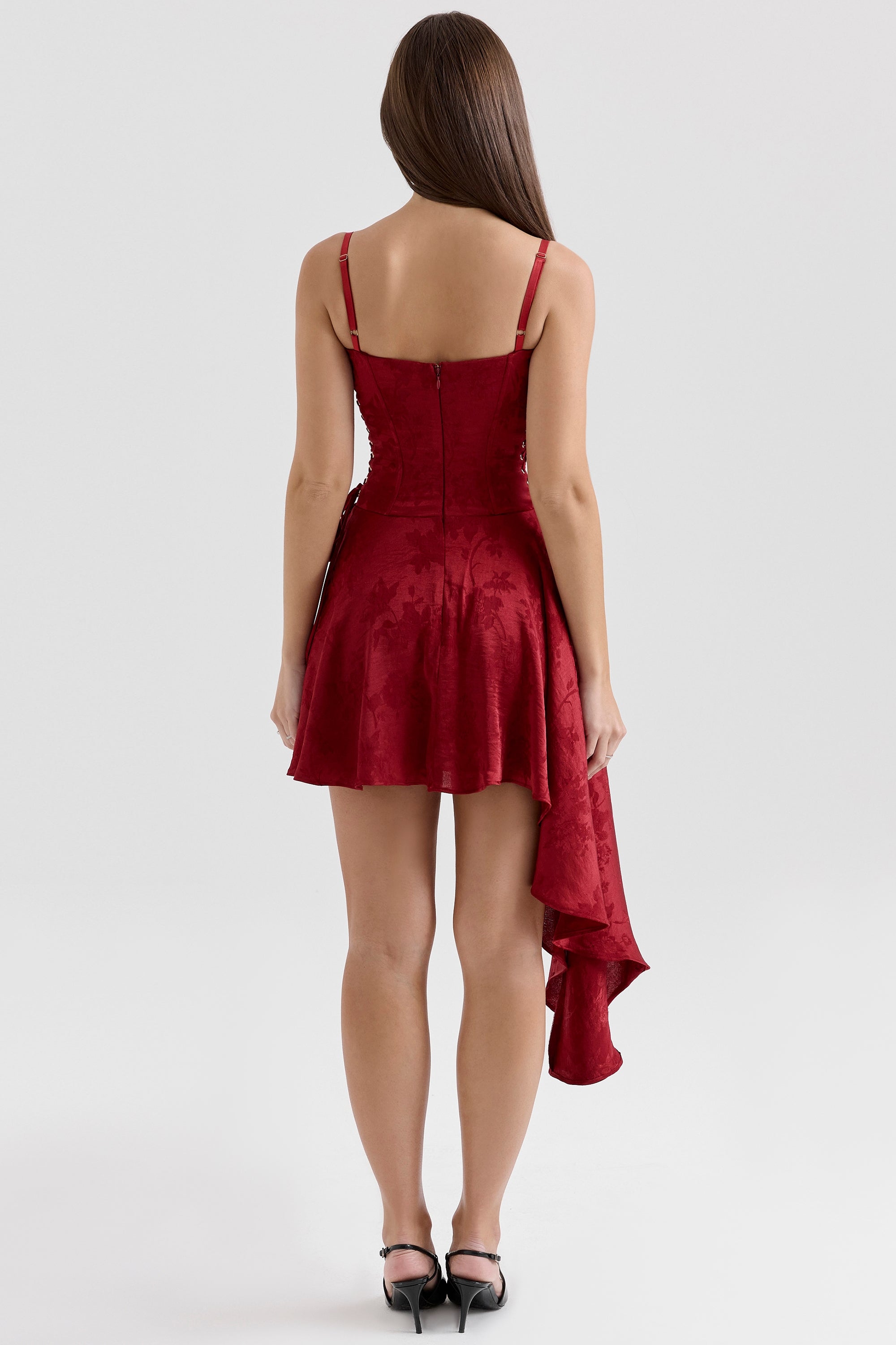 Wine Jacquard Satin Draped Mini Dress