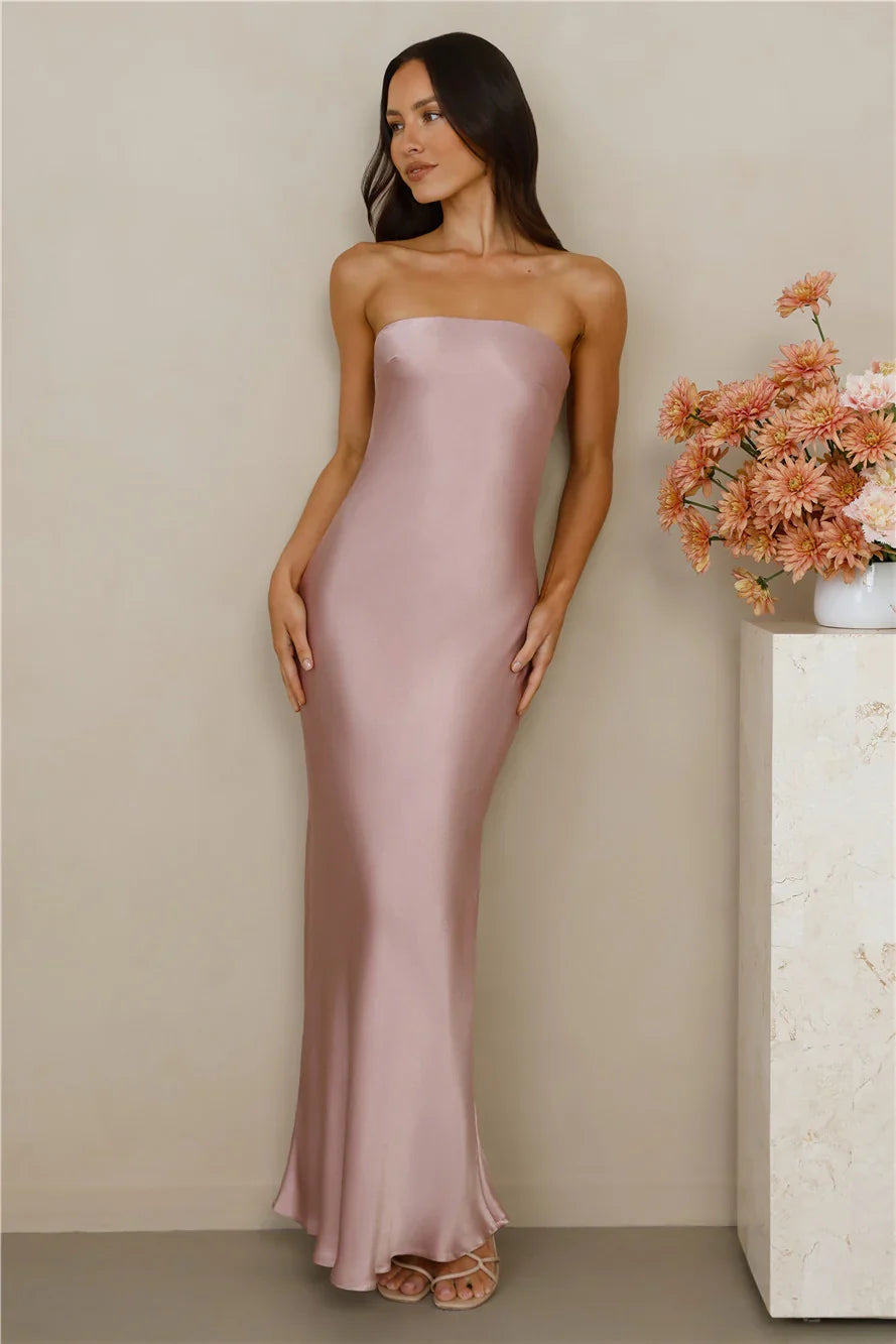 The Felicity Strapless Satin Maxi Dress Dusty Pink