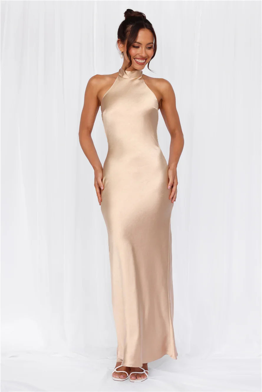 The Cleo Halter Satin Maxi Dress Champagne